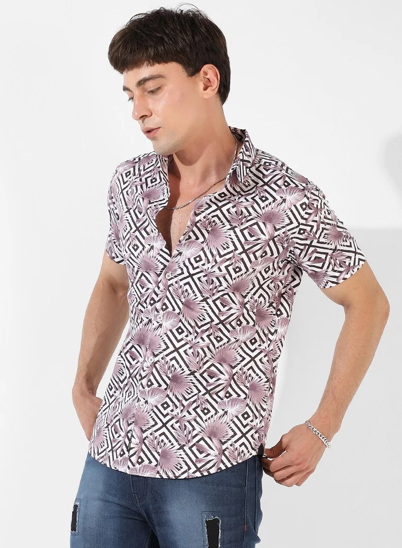 Campus Sutra Men's White & Black Printed Regular Fit Casual Shirt