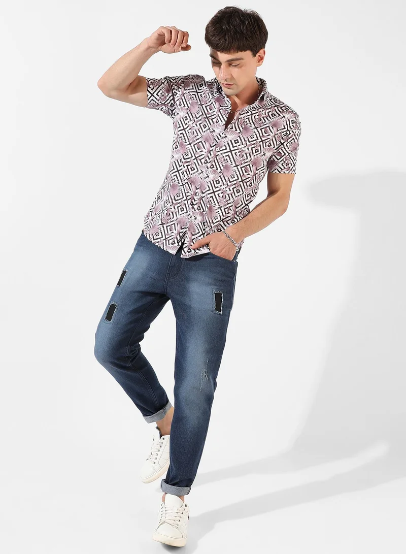 Campus Sutra Men's White & Black Printed Regular Fit Casual Shirt