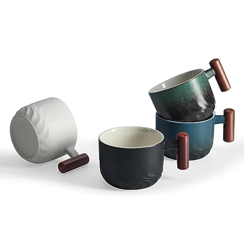 CLASGLAZ 6oz Ceramic Espresso Cups with Wooden Handle, Small Coffee Cups for Latte Cappuccino, Tea Cups Set of 4 - Image 2