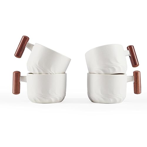 CLASGLAZ 6oz Ceramic Espresso Cups with Wooden Handle, Small Coffee Cups for Latte Cappuccino, Tea Cups Set of 4 - Image 1
