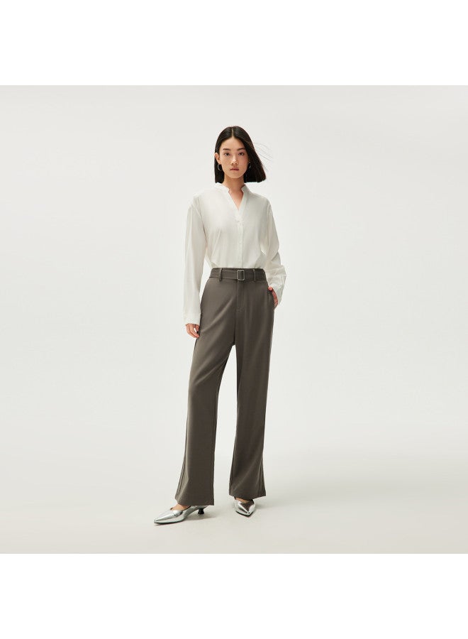 HLA سروال كاجوال مستقيم الساق بلون موحد مع حزام للتنقل اليومي في الربيع والخريف - Image 4