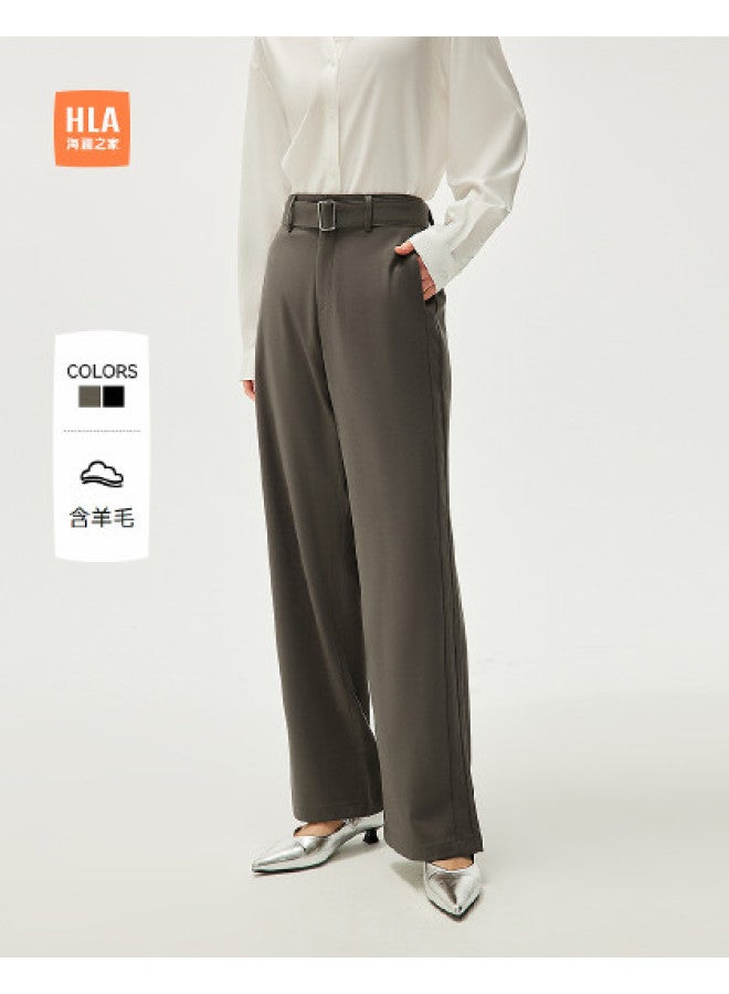 HLA سروال كاجوال مستقيم الساق بلون موحد مع حزام للتنقل اليومي في الربيع والخريف - Image 1