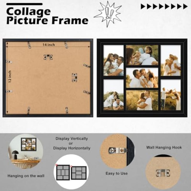 4x6 Picture Frame Collage for Wall, Display 7 Pcs 4x6 Photos with Mat or 12x14 Without Mat, 7 Opening Photo Frame for 4 x 6 Pictures with Shatter Resistant Plexiglass, Black Mat, Black - Image 3