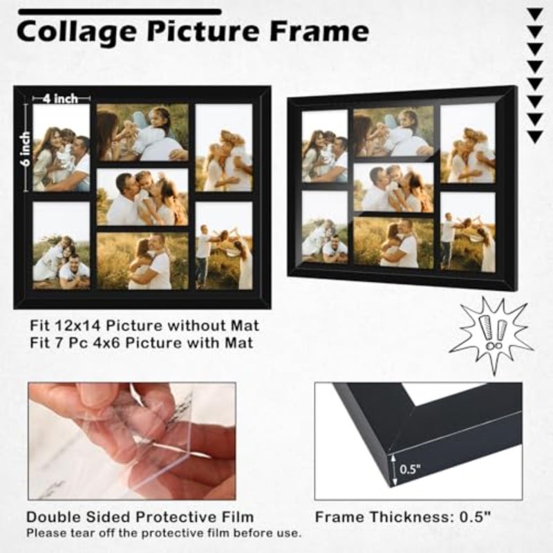 4x6 Picture Frame Collage for Wall, Display 7 Pcs 4x6 Photos with Mat or 12x14 Without Mat, 7 Opening Photo Frame for 4 x 6 Pictures with Shatter Resistant Plexiglass, Black Mat, Black - Image 2