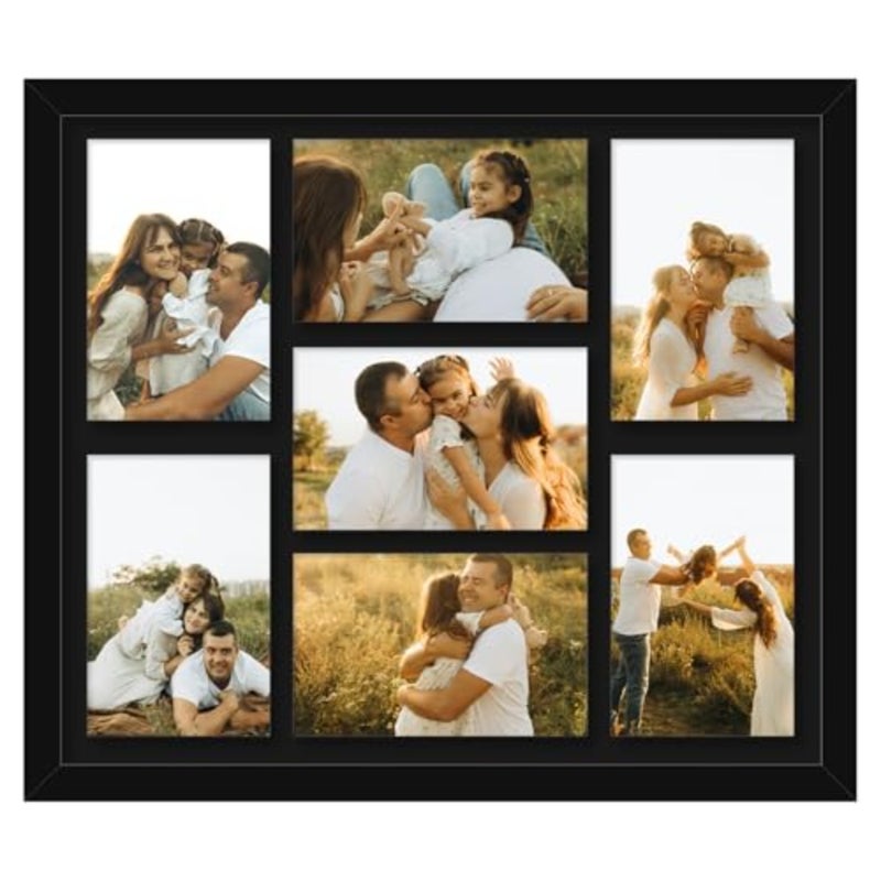 4x6 Picture Frame Collage for Wall, Display 7 Pcs 4x6 Photos with Mat or 12x14 Without Mat, 7 Opening Photo Frame for 4 x 6 Pictures with Shatter Resistant Plexiglass, Black Mat, Black - Image 1