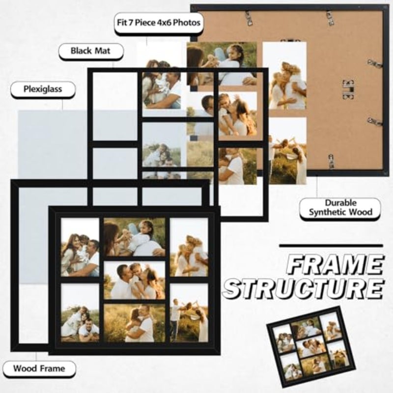 4x6 Picture Frame Collage for Wall, Display 7 Pcs 4x6 Photos with Mat or 12x14 Without Mat, 7 Opening Photo Frame for 4 x 6 Pictures with Shatter Resistant Plexiglass, Black Mat, Black - Image 4