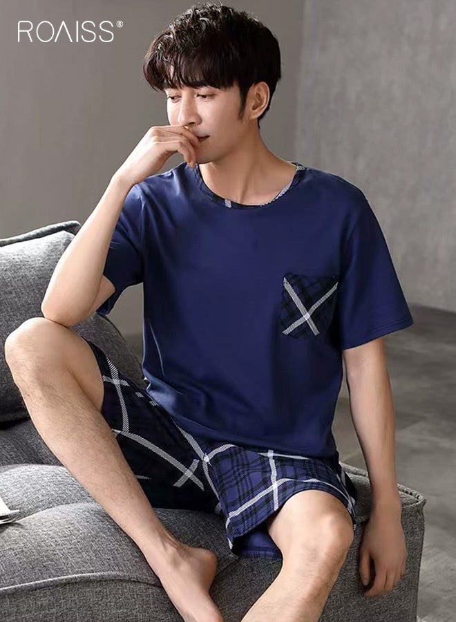 roaiss Men's Casual Shorts Pyjamas Sets Lattice Elastic Waist Short Pajama for Men Cotton Sleepwear Round Neck T-Shirt Classic Pjs Sets Nightwear for Men with Pocket - Image 1