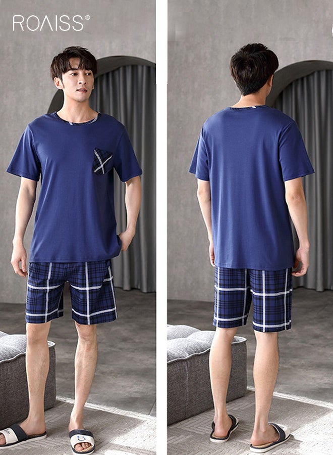 roaiss Men's Casual Shorts Pyjamas Sets Lattice Elastic Waist Short Pajama for Men Cotton Sleepwear Round Neck T-Shirt Classic Pjs Sets Nightwear for Men with Pocket - Image 2