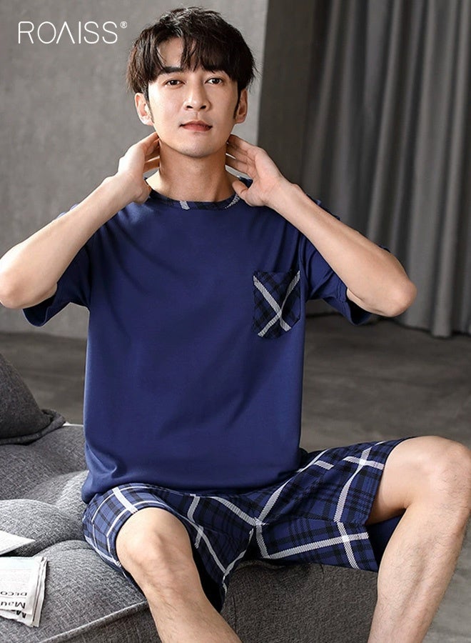 roaiss Men's Casual Shorts Pyjamas Sets Lattice Elastic Waist Short Pajama for Men Cotton Sleepwear Round Neck T-Shirt Classic Pjs Sets Nightwear for Men with Pocket - Image 4