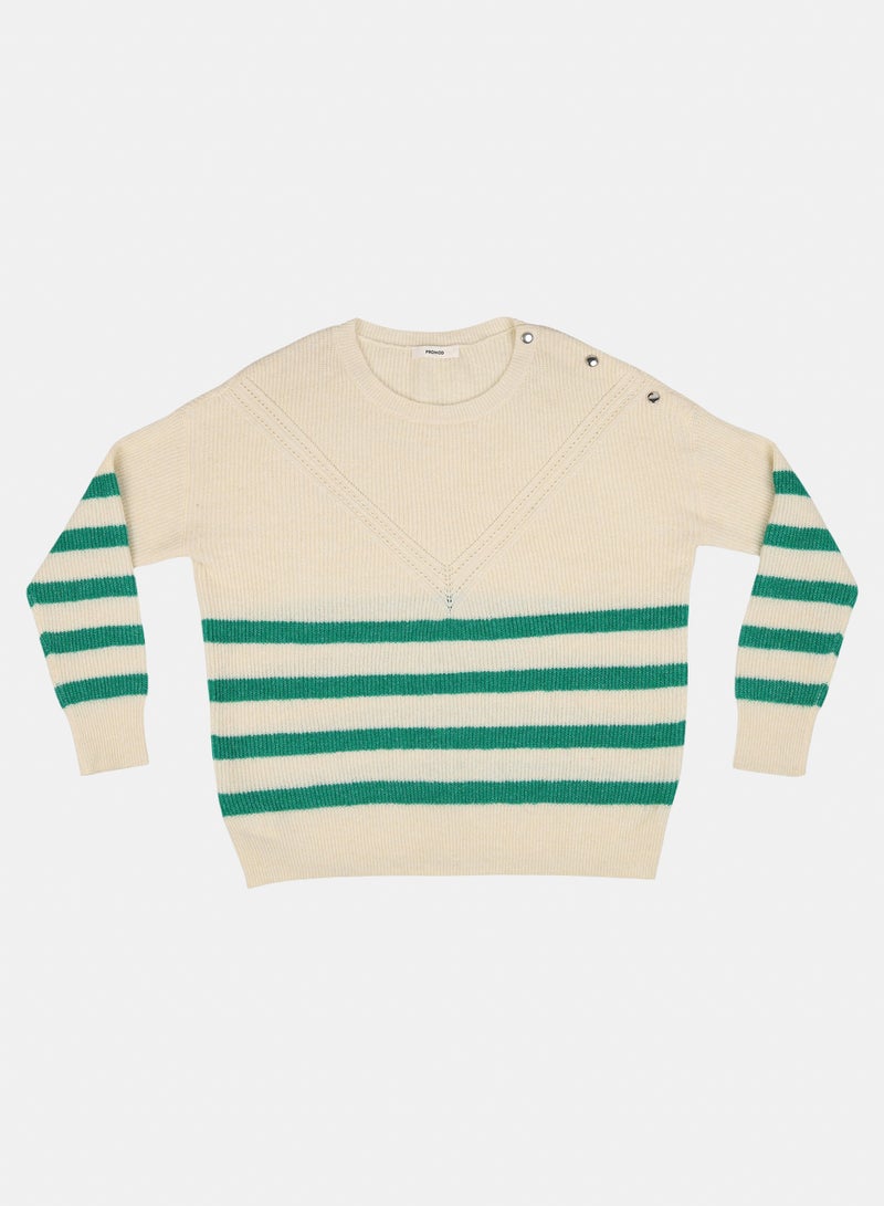 Promod Women's Cream & Green Striped Knit Pullover