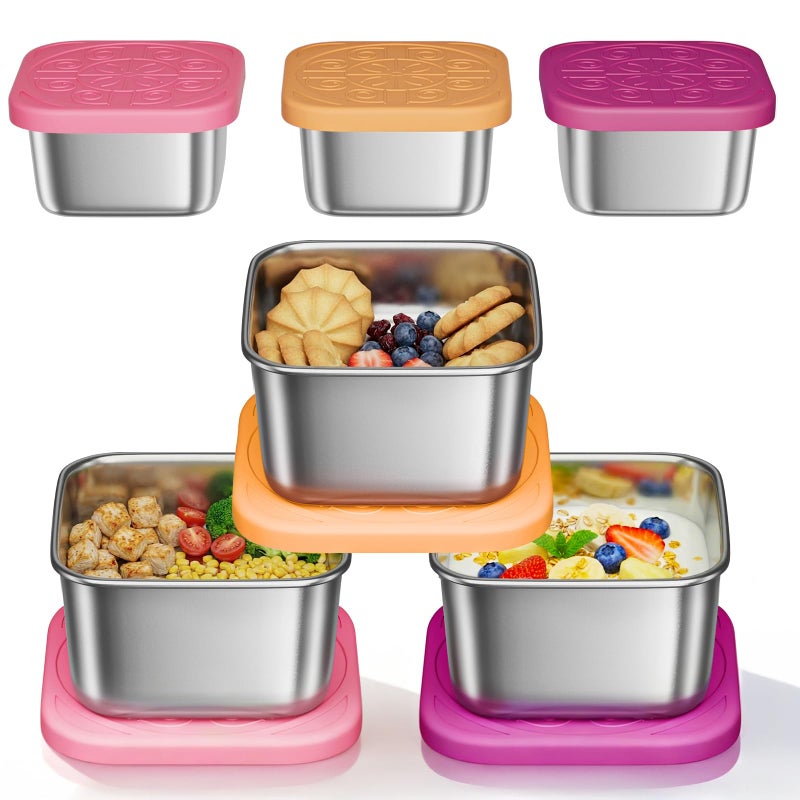 Osfel 6 Pack 6oz Stainless Steel Snack Containers and 2oz Salad Dressing To Go Containers with Silicone Lids, Reusable Square Meal Prep Condiment Sauce Containers Lunch Box Accessories - Image 1