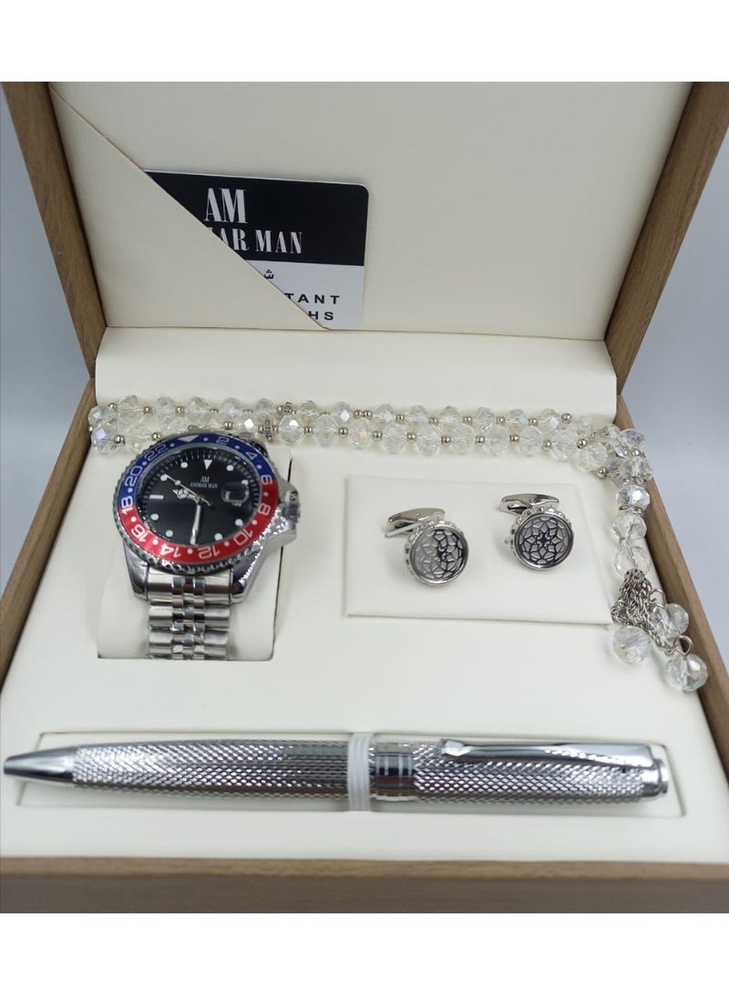 ANEMAR MAN High-quality Pepsi-shaped men's gift set including a watch, pen, prayer beads, cufflinks, and a silver bracelet with a black dial.
