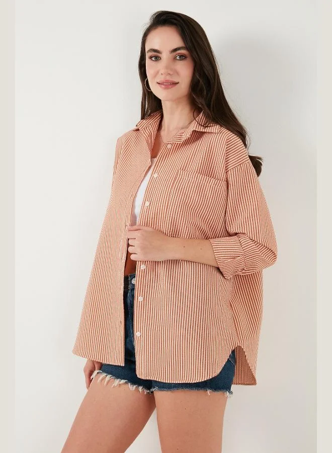 ليلا قميص نسائي مخطط بأكمام طويلة بقصة عادية وجيب