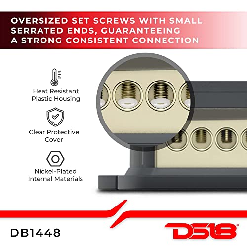 DS18 DB1448 Distribution Ground Block - 1 x 4GA In/ 4 x 8GA Out, Nickle Plated Internal Material, High-Strength Heat Resistant Plastic Housing, Oversized Set Screws for Secure Connections (1 In 4 Out), CLEAR, Single - Image 2