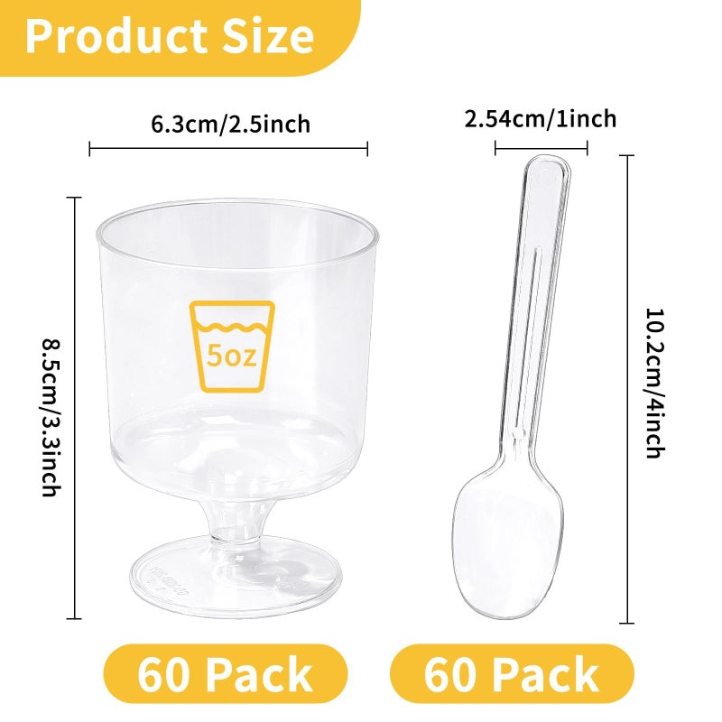 Fracurs 120 Pack Plastic Dessert Cups and 60 Spoons 5Oz Clear Mini Parfait Cup 60 Pcs for Party, Disposable Round Serving Golblet Wine Shot for Pudding, Fruit, Yogurt, Mousse,Ice Cream, Appetizer Bowl - Image 3