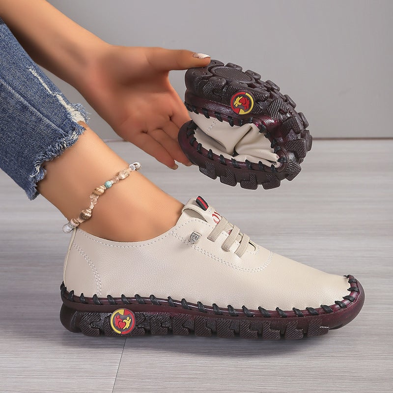 Real Soft Leather Shoes Plus Size Casual Lace-Up Vintage Car Stitch Thick Bottom Platform Shoes For Mother - Image 5