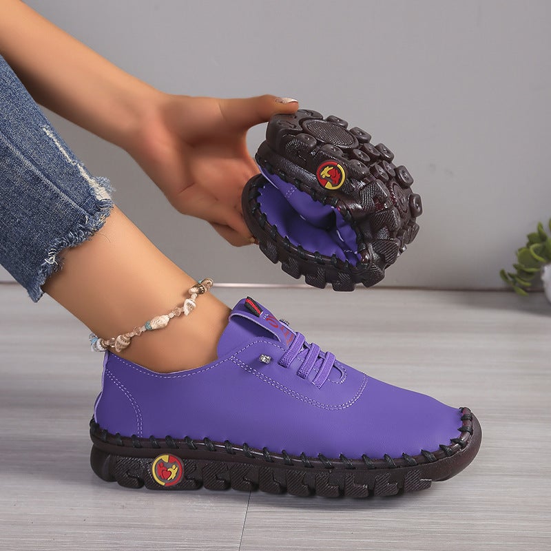 Real Soft Leather Shoes Plus Size Casual Lace-Up Vintage Car Stitch Thick Bottom Platform Shoes For Mother - Image 1