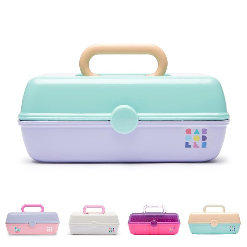 Caboodles Pretty in Petite Makeup Box TwoTone Seafoam on Lavender Hard Plastic Organizer Box 2 Swivel Trays Fashion Mirror Secure Latch for Safe Travel