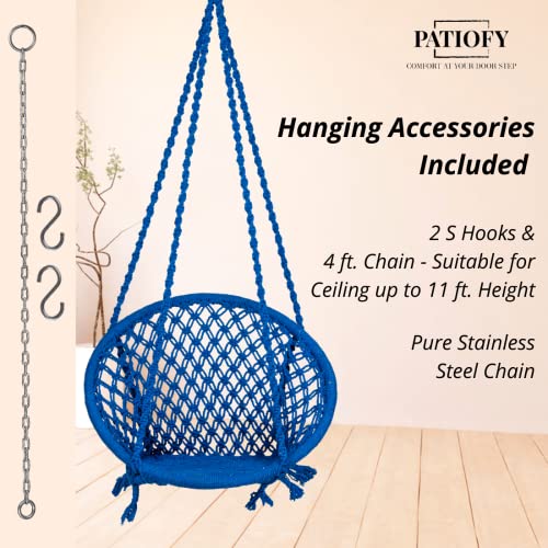 Patiofy بياتيوفي دوارة من القطن للرجال والنساء للأطفال والكبار/أرجوحة خشبية/كرسي أرجوحة أرجوحة للداخل والخارج والحديقة/تشمل إكسسوارات سلسلة معلقة بطول 4 قدم/أونجال جولا للمنزل (أزرق) - Image 5