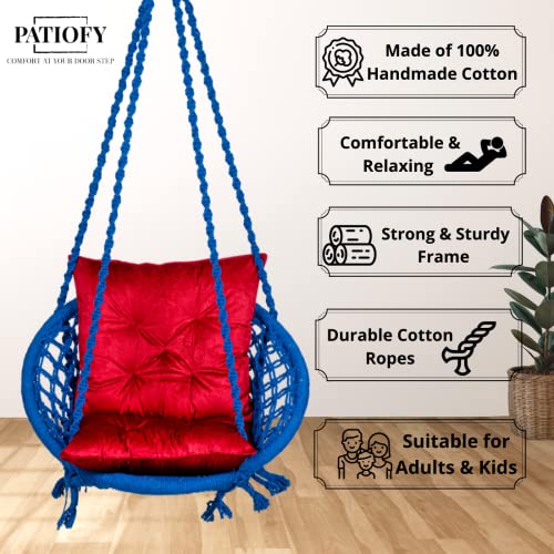 Patiofy بياتيوفي دوارة من القطن للرجال والنساء للأطفال والكبار/أرجوحة خشبية/كرسي أرجوحة أرجوحة للداخل والخارج والحديقة/تشمل إكسسوارات سلسلة معلقة بطول 4 قدم/أونجال جولا للمنزل (أزرق) - Image 4