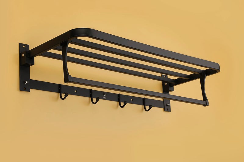 iSTAR Stainless Steel Double Folding Towel Rack with Hanger | Durable Multipurpose Wall Mounted Shelf for Clothes, Bath Robe, Other Toiletries | Ideal for Bathroom, Hotels and Home (Black, Pack of 2) - Image 2