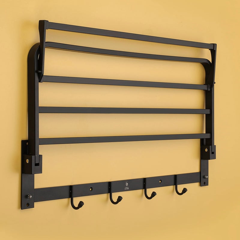 iSTAR Stainless Steel Double Folding Towel Rack with Hanger | Durable Multipurpose Wall Mounted Shelf for Clothes, Bath Robe, Other Toiletries | Ideal for Bathroom, Hotels and Home (Black, Pack of 2) - Image 4