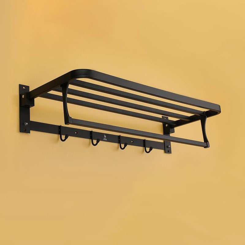 iSTAR Stainless Steel Double Folding Towel Rack with Hanger | Durable Multipurpose Wall Mounted Shelf for Clothes, Bath Robe, Other Toiletries | Ideal for Bathroom, Hotels and Home (Black, Pack of 2) - Image 1
