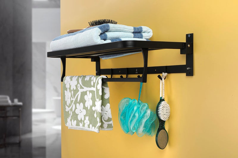 iSTAR Stainless Steel Double Folding Towel Rack with Hanger | Durable Multipurpose Wall Mounted Shelf for Clothes, Bath Robe, Other Toiletries | Ideal for Bathroom, Hotels and Home (Black, Pack of 2) - Image 3