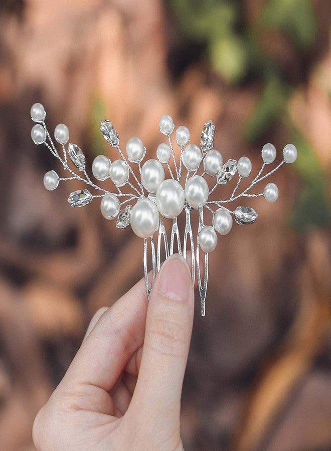 Evild Pearl Hair Accessories Wedding Bride Hair Comb Silver Rhinestone Hair Piece for Women(Silver) - Image 1