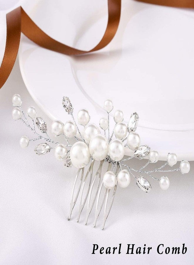 Evild Pearl Hair Accessories Wedding Bride Hair Comb Silver Rhinestone Hair Piece for Women(Silver) - Image 5