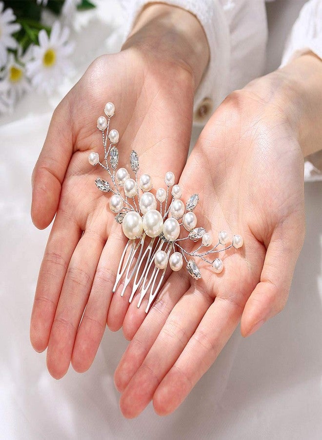 Evild Pearl Hair Accessories Wedding Bride Hair Comb Silver Rhinestone Hair Piece for Women(Silver) - Image 3