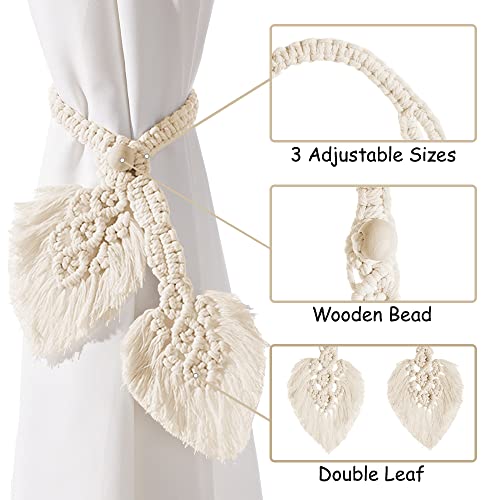 Sunkaioo 2 Pack Boho Curtain Tiebacks,Hand Knitting Cotton Curtain Holdbacks with Adjustable Natural Wooden Bead,Double Leaves Farmhouse Theme Curtain Tie Backs, for Indoor Outdoor Drapes Decorative,(Beige) - Image 3
