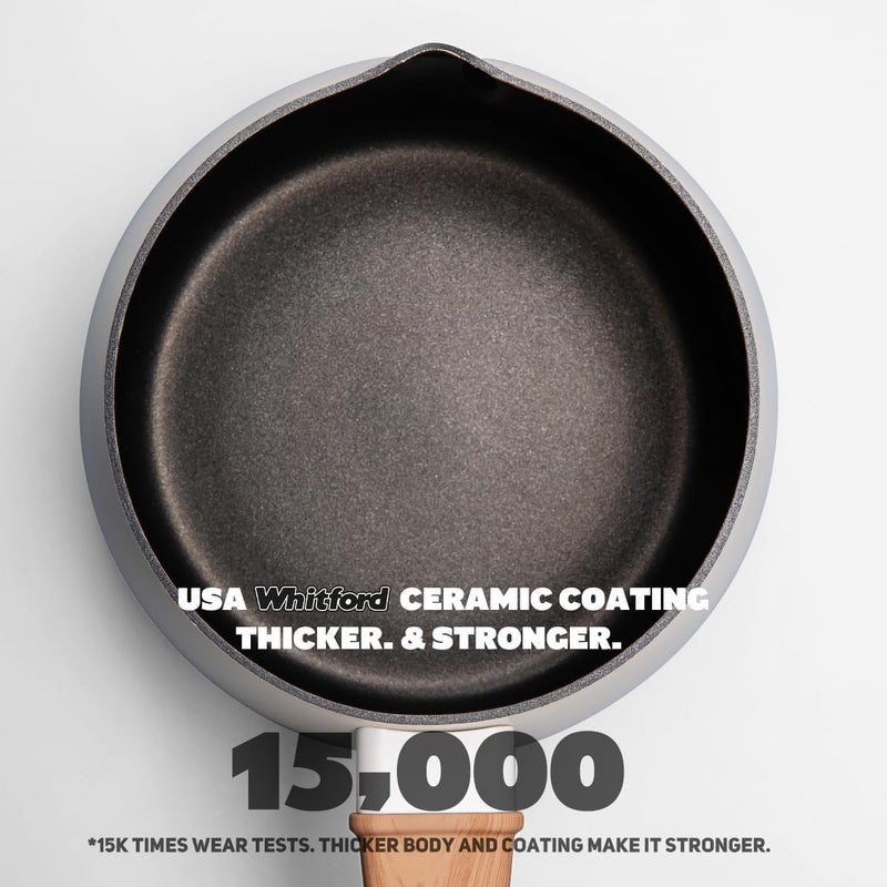 قدر سيراميك غير لاصق سعة 2.5 لتر مع غطاء، أواني حليب صغيرة للطهي مع فوهة صب، قدر ألومنيوم بمقبض خشبي للمطبخ، خالي من PFAS، أبيض - Image 5