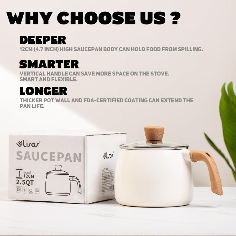 قدر سيراميك غير لاصق سعة 2.5 لتر مع غطاء، أواني حليب صغيرة للطهي مع فوهة صب، قدر ألومنيوم بمقبض خشبي للمطبخ، خالي من PFAS، أبيض - Image 4