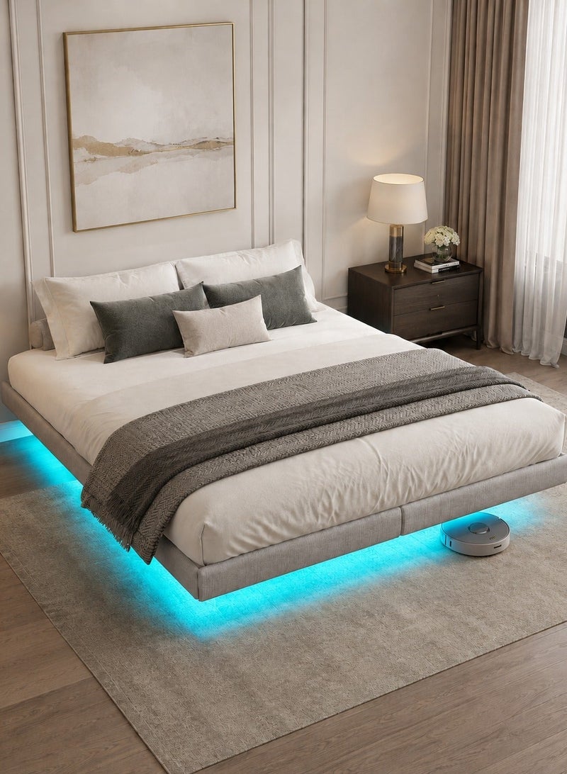 يانارا إطار سرير معدني مُنجّد مع مآخذ إلكترونية وإضاءة LED، قاعدة مرتبة قوية باللون الرمادي - Image 1