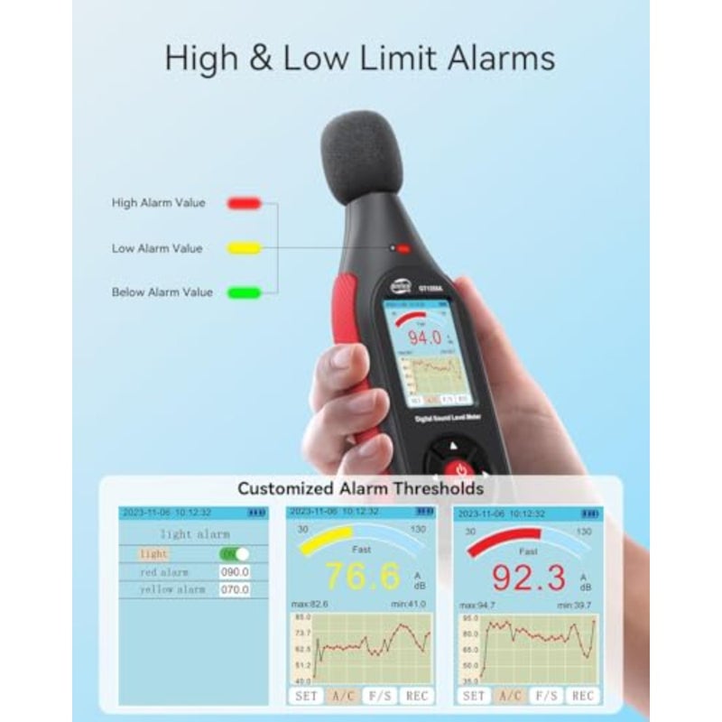 Sound level meter for home and classroom use, ABS plastic body, black color, measures 30130dB A with recording, visual alarm, and A/C weighting - Image 4