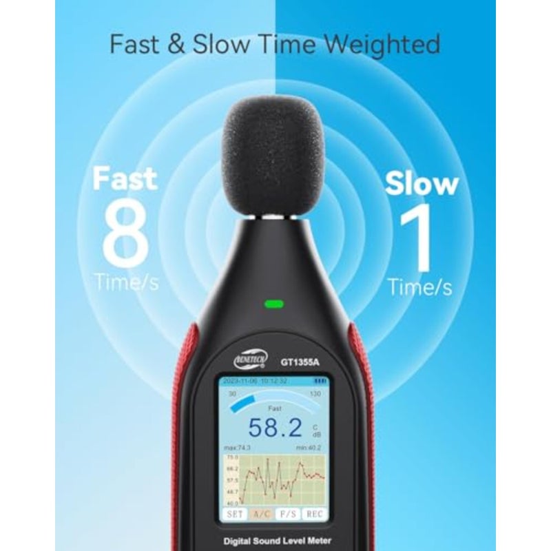 Sound level meter for home and classroom use, ABS plastic body, black color, measures 30130dB A with recording, visual alarm, and A/C weighting - Image 3