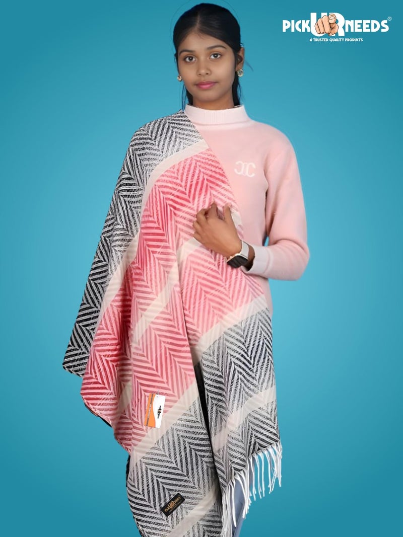 Pick Ur Needs Women's Soft Plaid Shawl Wrap Scarf with Pom Poms Warm Blanket Stole Fashionable Winter Gift for Ladies (Red Grey) - Image 4