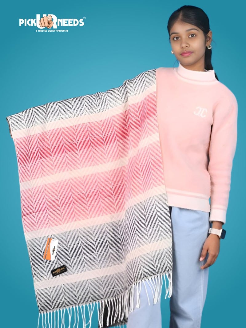 Pick Ur Needs Women's Soft Plaid Shawl Wrap Scarf with Pom Poms Warm Blanket Stole Fashionable Winter Gift for Ladies (Red Grey) - Image 3