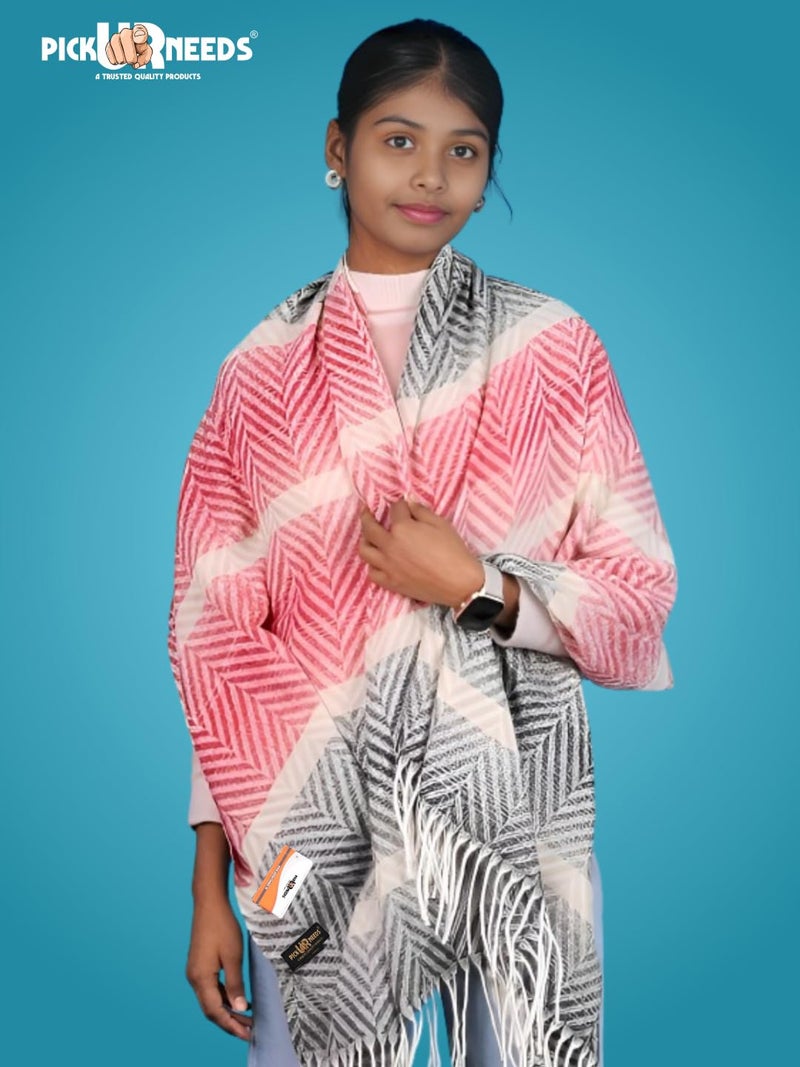 Pick Ur Needs Women's Soft Plaid Shawl Wrap Scarf with Pom Poms Warm Blanket Stole Fashionable Winter Gift for Ladies (Red Grey) - Image 2