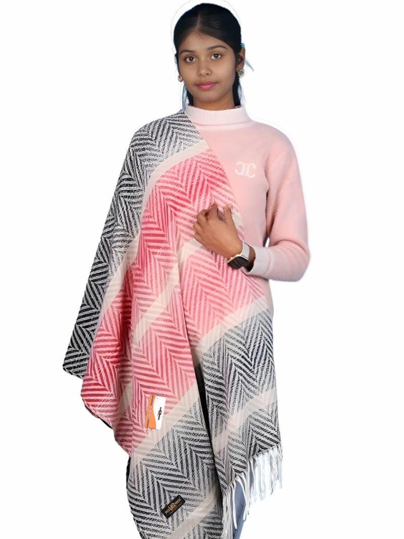 Pick Ur Needs Women's Soft Plaid Shawl Wrap Scarf with Pom Poms Warm Blanket Stole Fashionable Winter Gift for Ladies (Red Grey) - Image 1