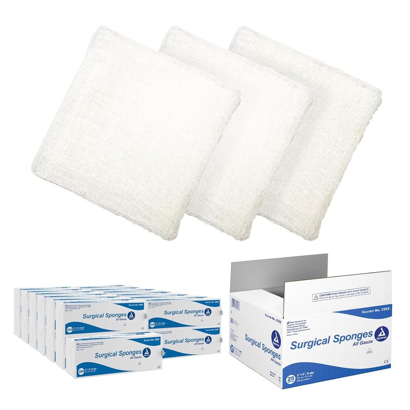 Dynarex Surgical Gauze Sponges Absorbent Cotton Fabric with Folded Edges Soft Durable NonSterile Dressing 2x2 8Ply 200 Sponges Per Sleeve Case of 25 Sleeves - Image 1
