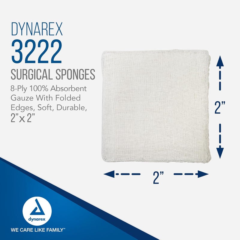 Dynarex Surgical Gauze Sponges Absorbent Cotton Fabric with Folded Edges Soft Durable NonSterile Dressing 2x2 8Ply 200 Sponges Per Sleeve Case of 25 Sleeves - Image 2