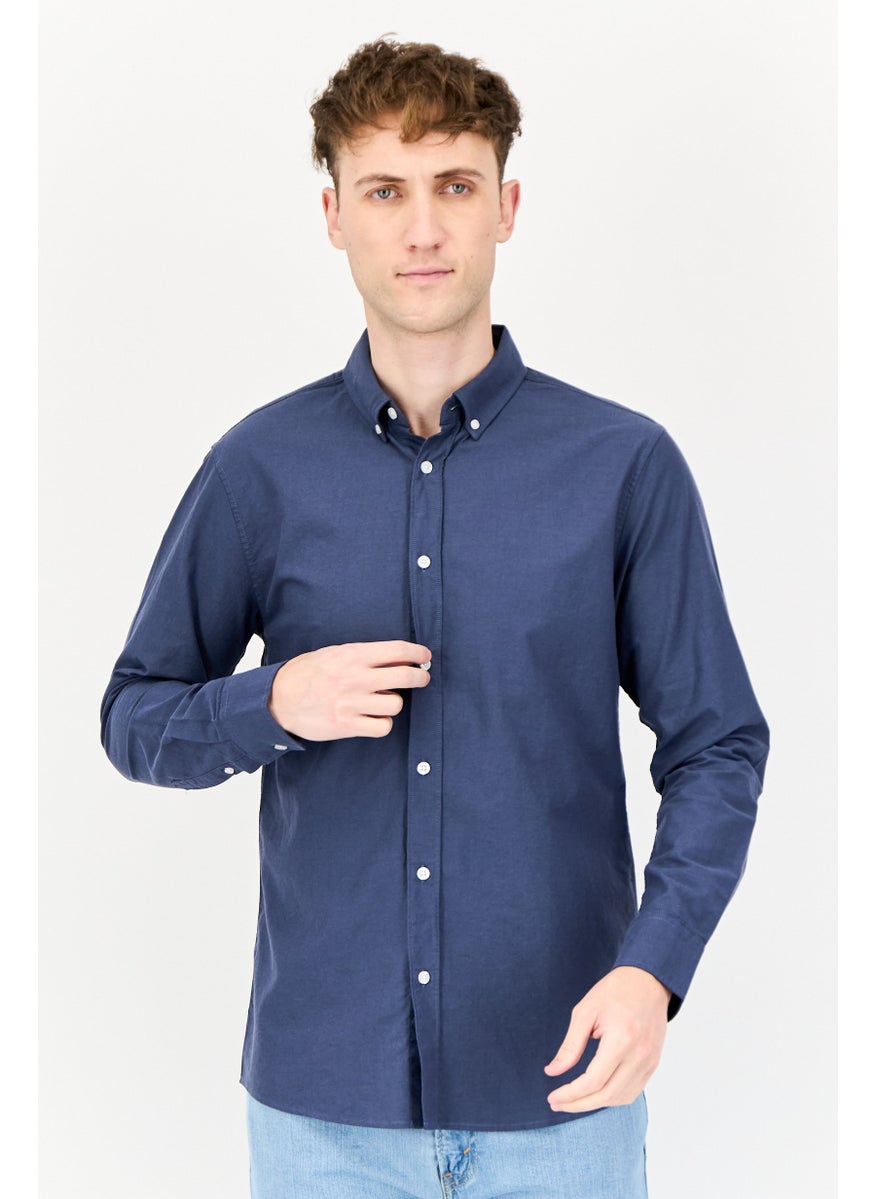 Algspar Men Regular Fit Solid Long Sleeves Casual Shirt, Slate Blue  - Image 1