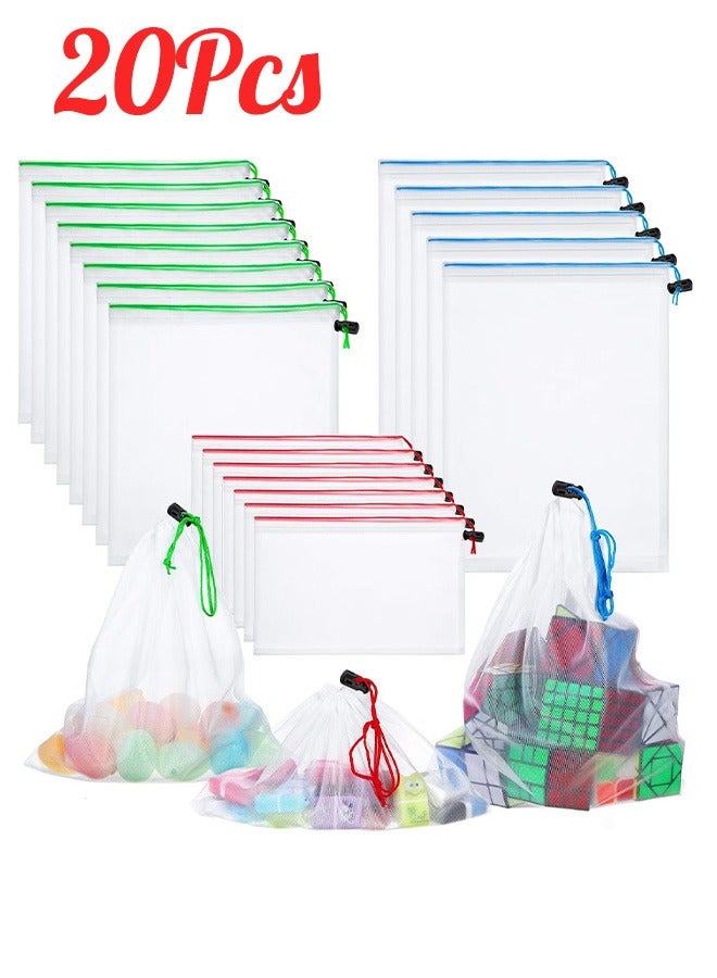 Bukela 20 Pieces Reusable Produce Bags Mesh Pouch, Toy Storage Bags Drawstring Washable Organization 5 Large 8 Medium 7 Small for School Office, Puzzles Games Storage (Multicolour)  - Image 1