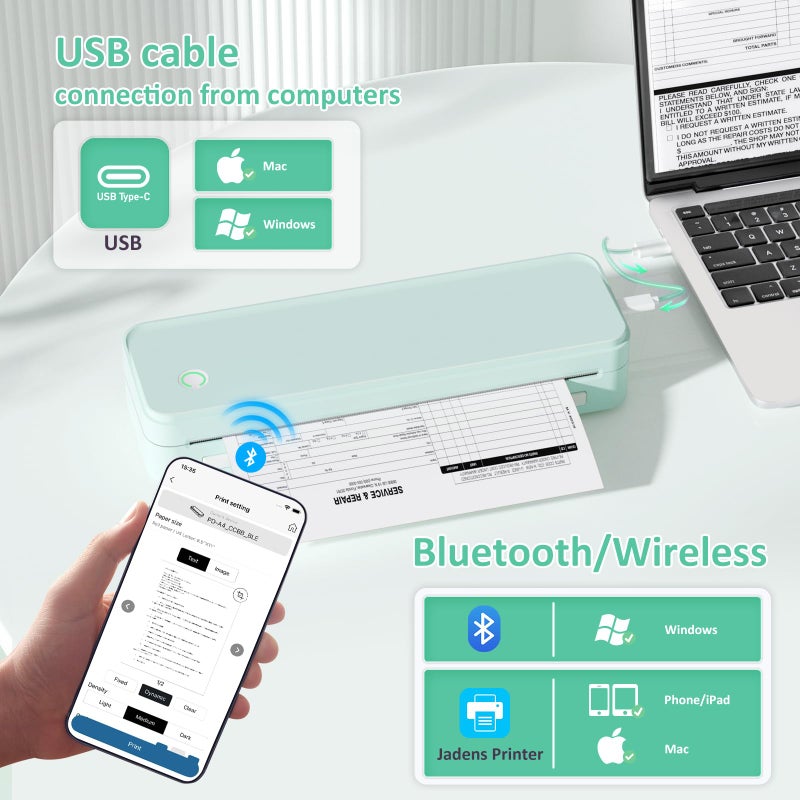 Gloryang Inkless Portable Printer for Travel, Wireless Thermal Printer Supports 8.5 x 11 Inch Thermal Paper, Bluetooth Machine Includes Carry Case and 3 Rolls of Paper Kit, Green - Image 3