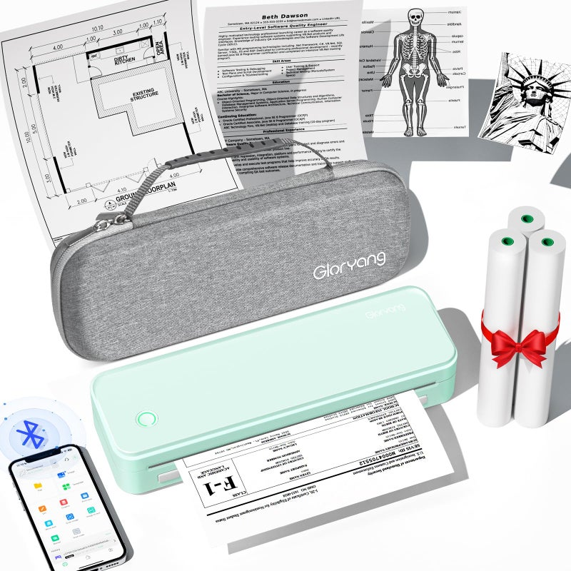 Gloryang Inkless Portable Printer for Travel, Wireless Thermal Printer Supports 8.5 x 11 Inch Thermal Paper, Bluetooth Machine Includes Carry Case and 3 Rolls of Paper Kit, Green - Image 1