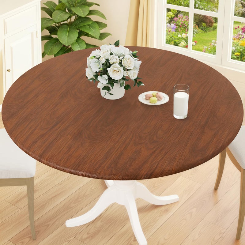 Smiry Round Picnic Tablecloth, Waterproof Elastic Fitted Table Covers for 45" - 56" Tables, Wipeable Flannel Backed Vinyl Tablecloths for Camping, Indoor, Outdoor, Brown - Image 1