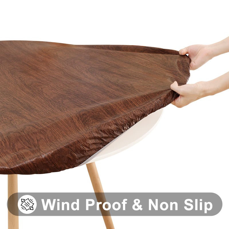 Smiry Round Picnic Tablecloth, Waterproof Elastic Fitted Table Covers for 45" - 56" Tables, Wipeable Flannel Backed Vinyl Tablecloths for Camping, Indoor, Outdoor, Brown - Image 3