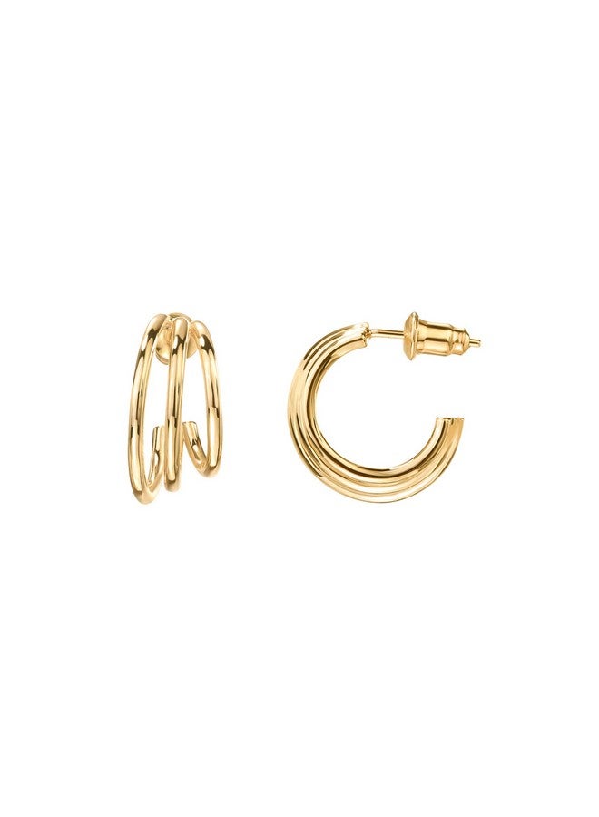 PAVOI 14K Gold Plated Sterling Silver Post Split Huggie Earrings | Rose/White/Yellow Gold Earrings For Women (Triple, Yellow Vermeil)  - Image 1